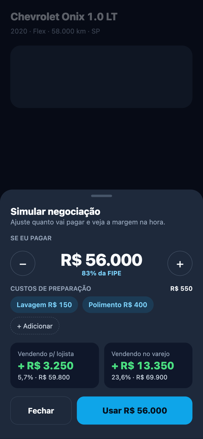 Simulador de negociação do Repasys Lite com custos de preparação e margens projetadas